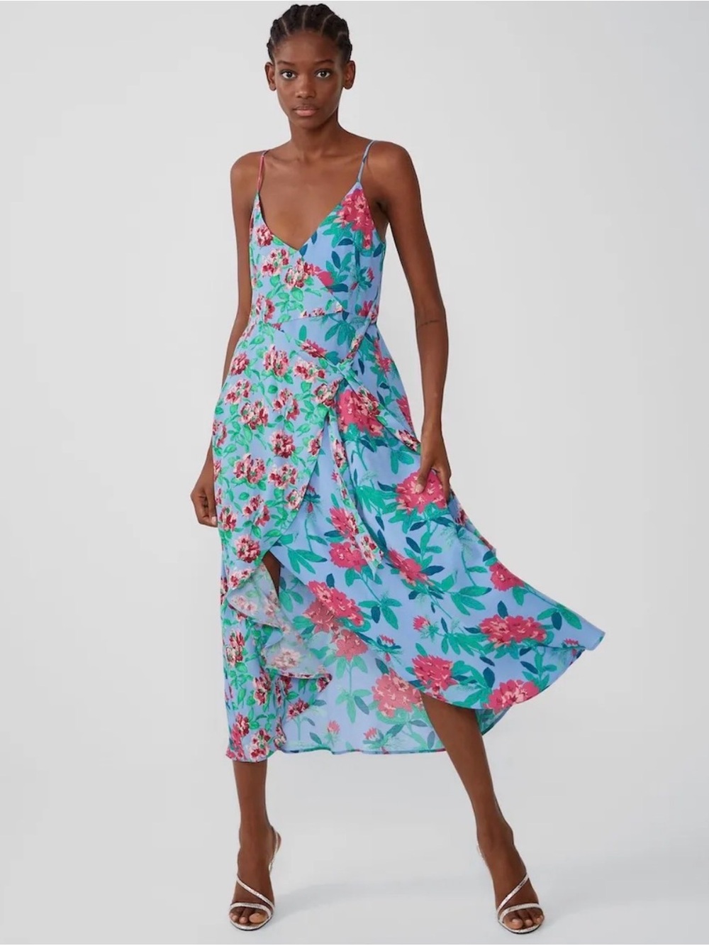 Zara Blue & Pink Floral V-neck Midi Wrap Summer Dress